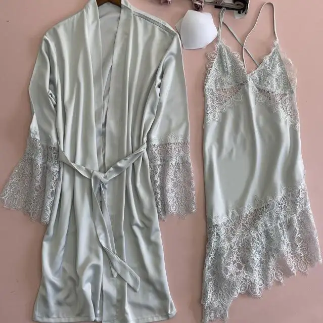 Комплект женского кружевного атласного халата пикантный комплект из 2 предметов