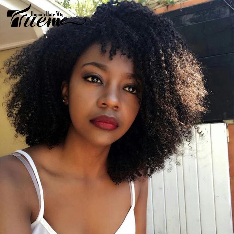 

Trueme Short Afro Kinky Curly 5 Inch Deep Part Lace Wig Brazilian Lace Front Human Hair Bob Wigs For Women Remy Hair Black Color