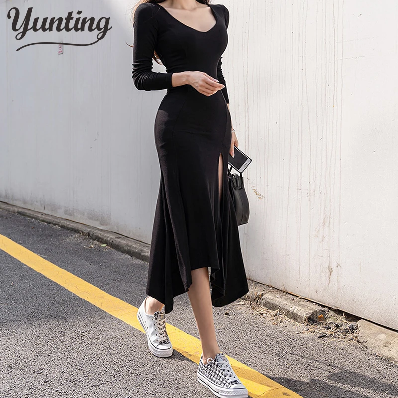 

Women Dress 2020 Office Lady Solid Color Split Pencil Dresses Elegant Sheath Bodycon Vestido De Festa