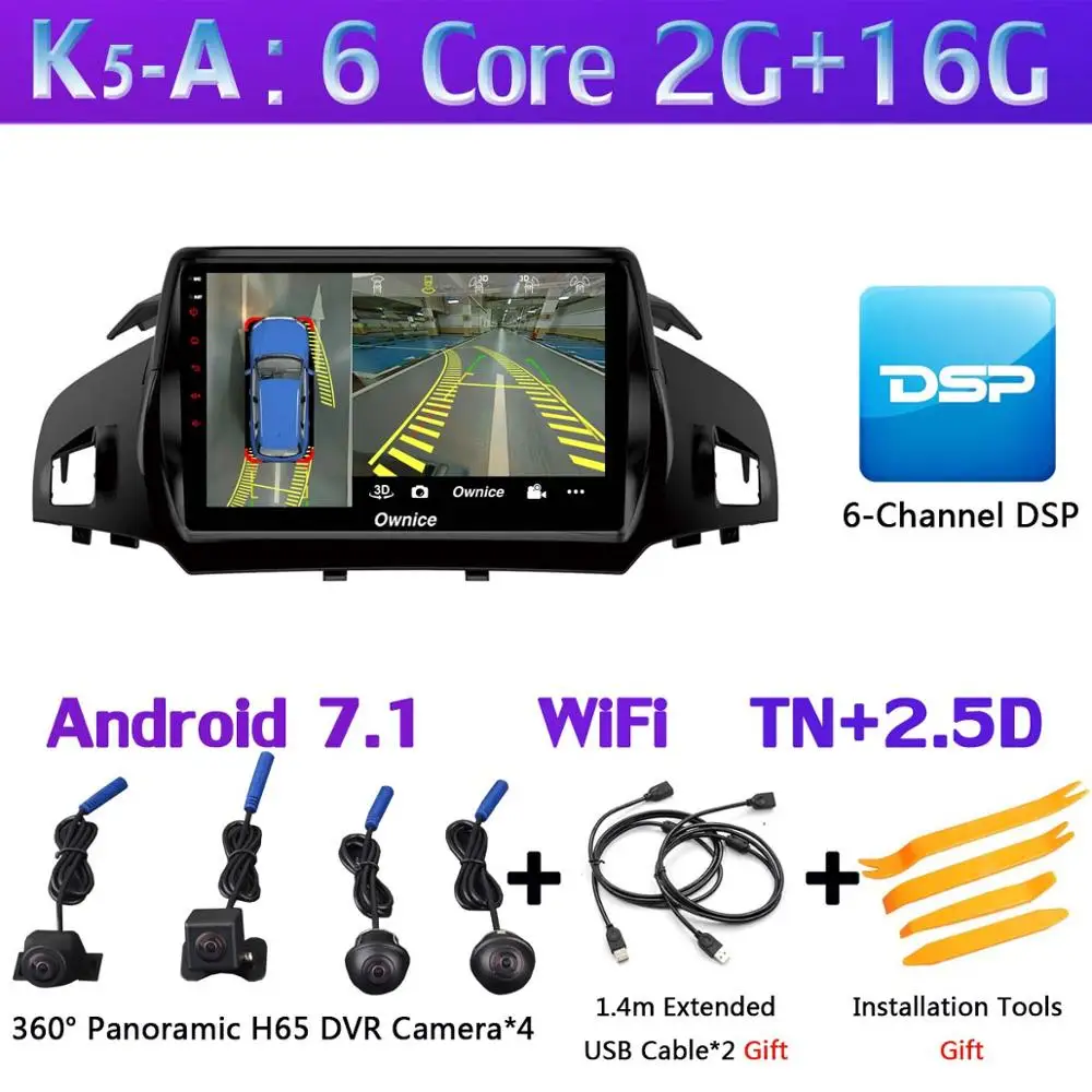 K5-A Панорамная камера 360 ° 4G SIM WiFi Android 9,0 4G+ 64G SPDIF DSP CarPlay Автомобильный плеер для Ford Kuga 2013- C-Max gps радио - Цвет: K5-A