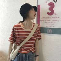 summer new korean version of ins loose cotton stripe short sleeve t shirt women
