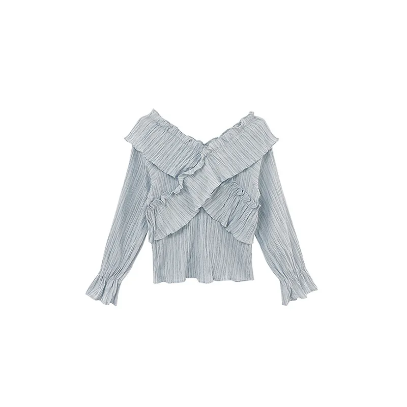 

Korean women's group style top spring dress design sense minority temperament long sleeve shirt women's Cross collar wood ear