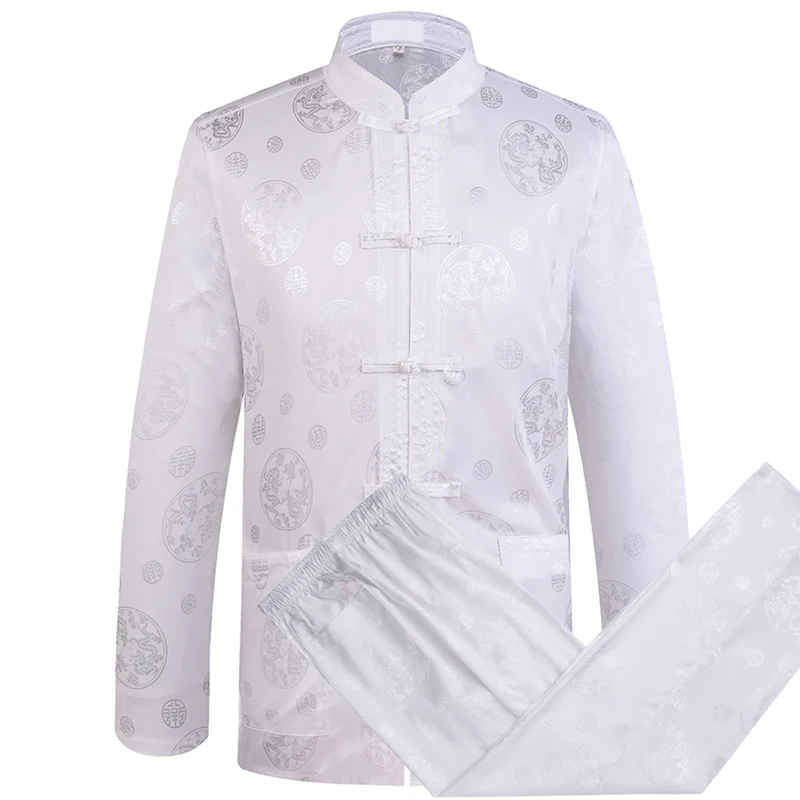 Gray Chinese Dragon Men's Tang Suit Sets Long Sleeve Shirt Long Pants Dragon Kung Fu Suit High Quality Silk Wu Shu Tai Chi Sets