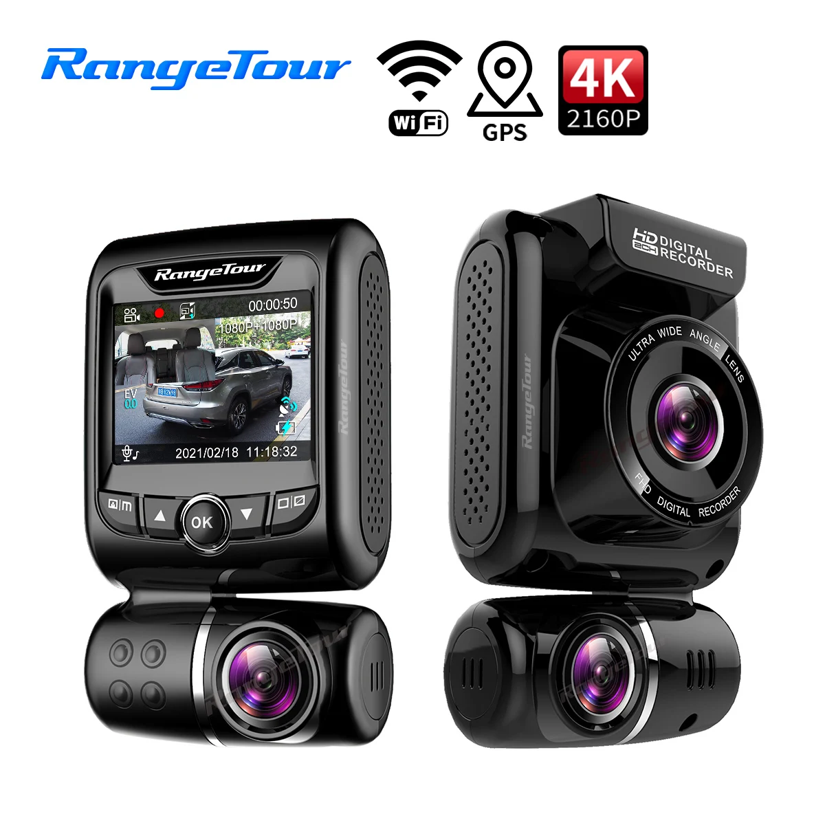 Автомобильный видеорегистратор Range Tour 4K 2880*2160P D20 Wi Fi GPS ADAS с внутренними и внешними