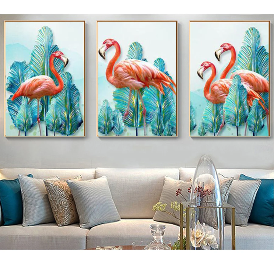

Триптих 3 шт./компл. красивые зеленые листья Фламинго картина стены картины Домашний Декор Гостиная N625