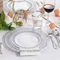 10 pieces of silver tableware wedding party set edging plastic party plate cup cutlery party supplies birthday party tableware