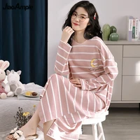 100 cotton nightdress womens spring autumn new long sleeved loose striped pijamas female loose cute nightgowns nightwear