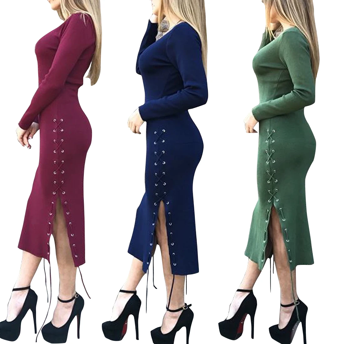 Женское трикотажное платье до середины икры облегающее с разрезом на одной