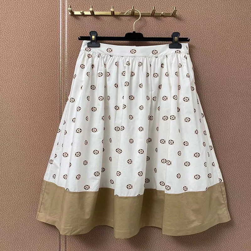 

2021 Runway Designer Summer Fashion Long Skirt Women High Waist Vintage Print Elegant Cotton Color Patchwork Skirts