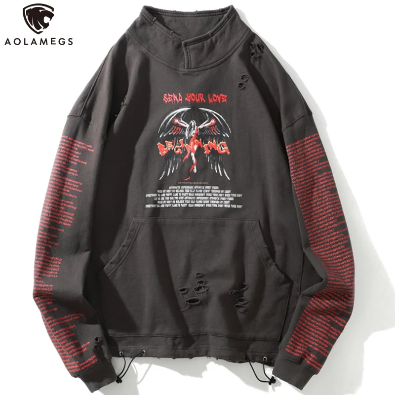 

Aolamegs мужская толстовка с потертостями, дырками, надписями, большим карманом, стоячим воротником, пуловер в стиле хип-хоп, модная уличная оде...