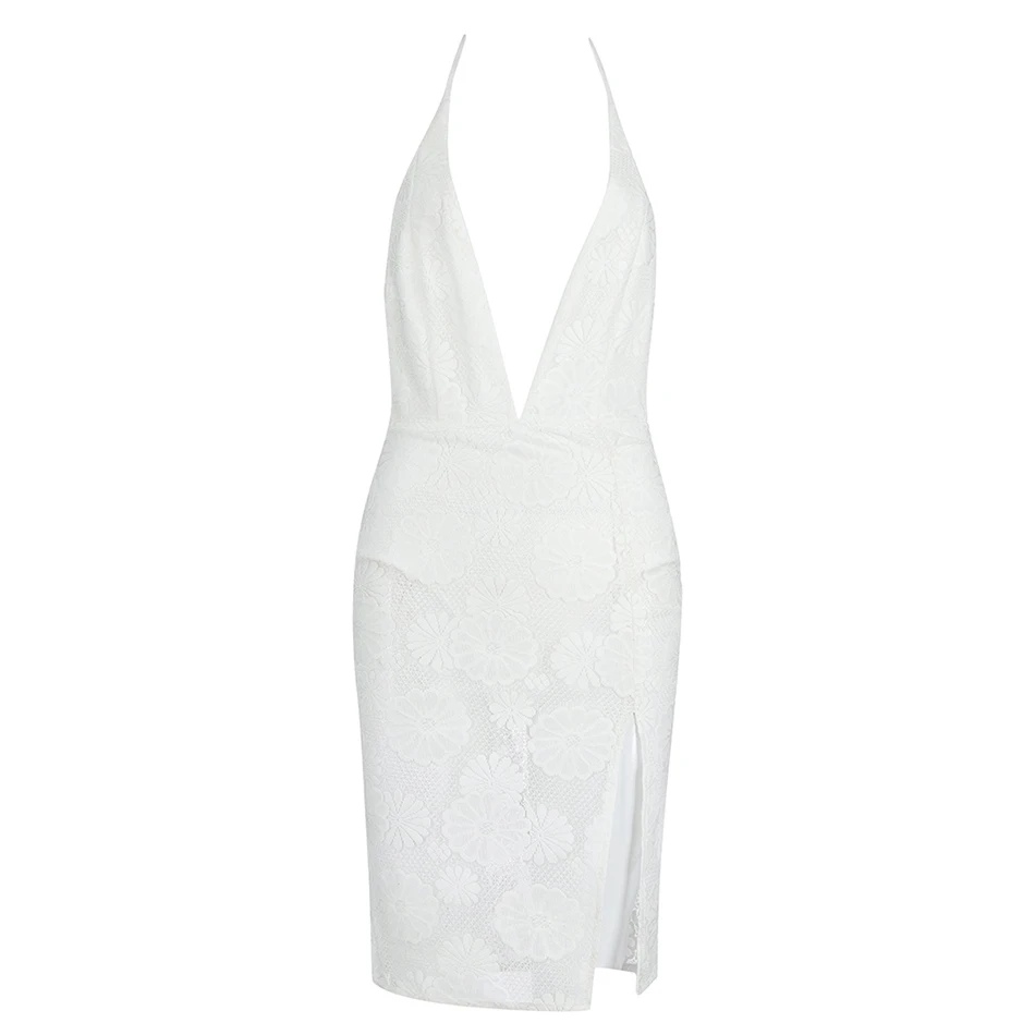 

2020 New Summer Women's Bandage Dress Sexy Deep V-Neck Hanging Neck Strap Lace Perspective Celebrity Club Evening Party Dresses