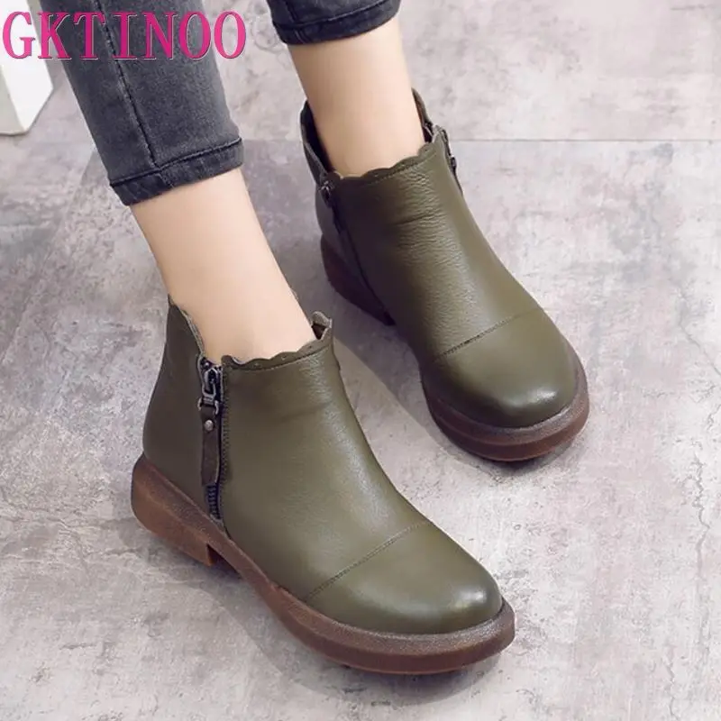 Женские зимние ботинки из натуральной кожи Винтажные на плоской подошве мягкой