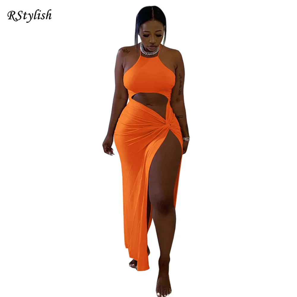 

RStylish 2021 Summer Women's Fashion Party Dress Sexy Solid Color Sleeveless Halter Backless High Slit Hollow Out Long Dresses