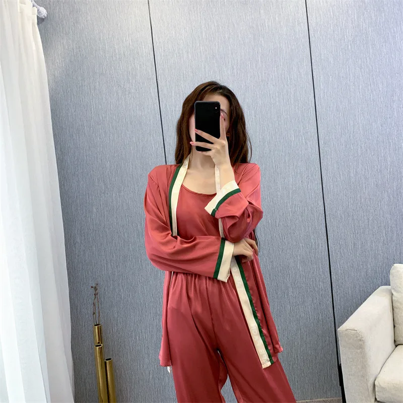 

FZSLCYIYI Sexy Satin Robe Sling Pants 3Pcs Pajamas Sleepwear Homewear Sleep Lounge Nightwear