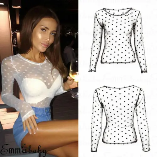 Сексуальный Модный Новый женский прозрачный сетчатый топ в горошек футболка