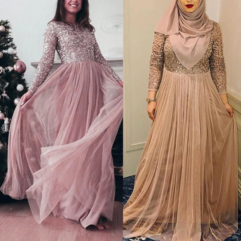 Женское мусульманское платье макси с блестками Повседневные Вечерние платья