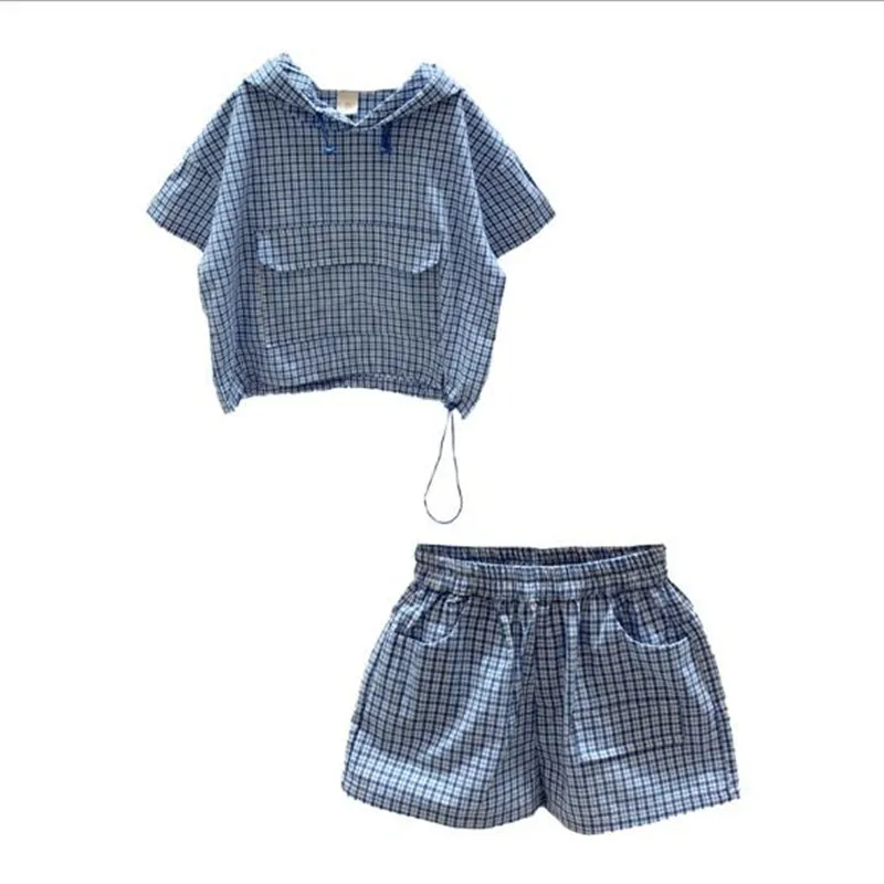 

2021 Korean version of summer boy children's breathable short-sleeved t-shirt suit cotton plaid baby hooded two-piece suit sets