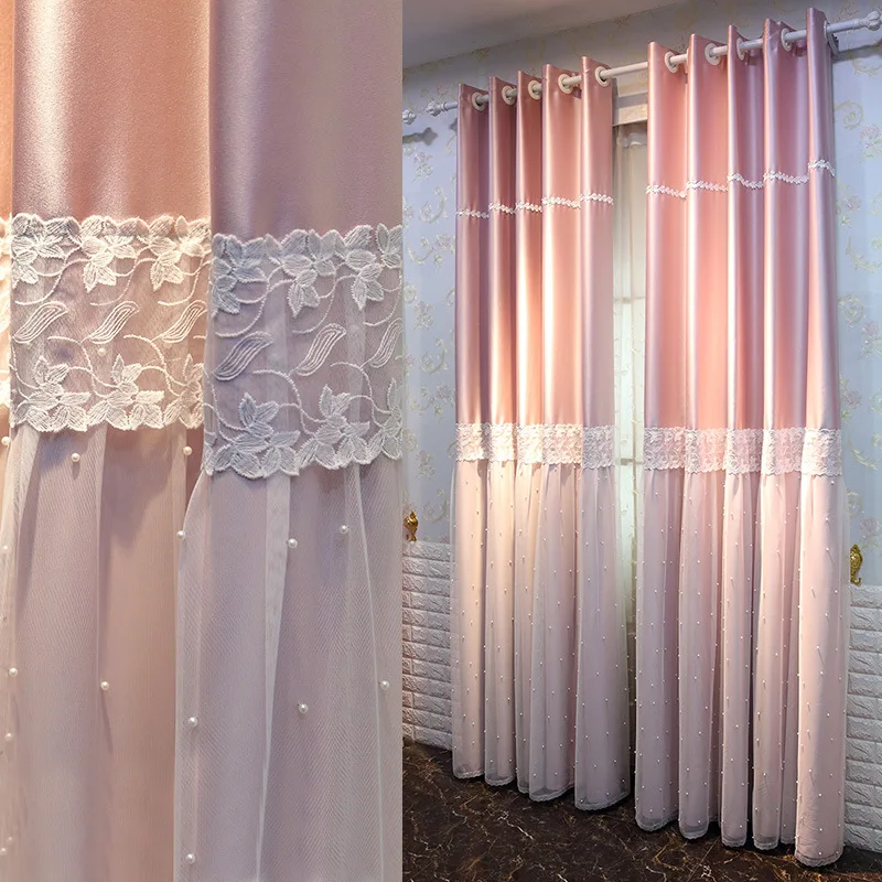 

Korean Warm Princess Style Pink Lace Curtain Girl Curtains for Living Study Girl Wedding Room Shading Cloth Dining Room Bedroom