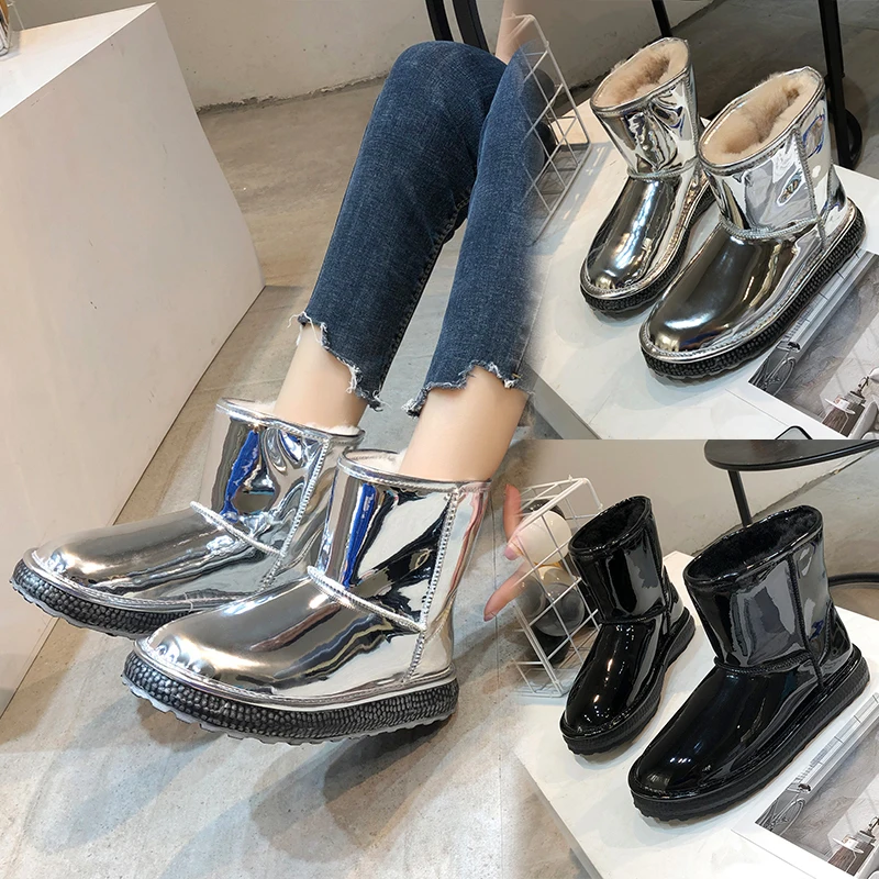 Дизайнерские зимние женские ботинки с плюшем яркие Серебристые лакированные