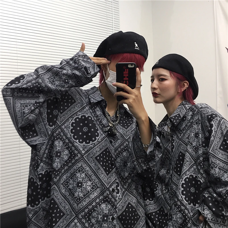 

ins hipster vintage long sleeve Blouses Female loose casual turn-down collar Shirts print Women's Clothing spring autumn Couple