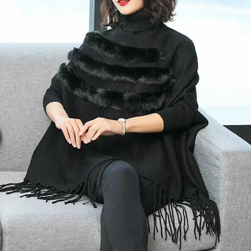 CHICEVER Autumn Winter Sweater For Women Turtleneck Batwing Sleeve Loose Tassel Pullovers Tops Female Fashion Casual Clothes New | Женская