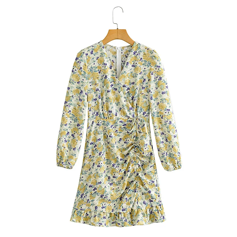 

BLSQR Floral Printing Sundress Women V-neck Elegant Pleated Dresses Female 2021 Draw String Vintage Mini Dress Lady