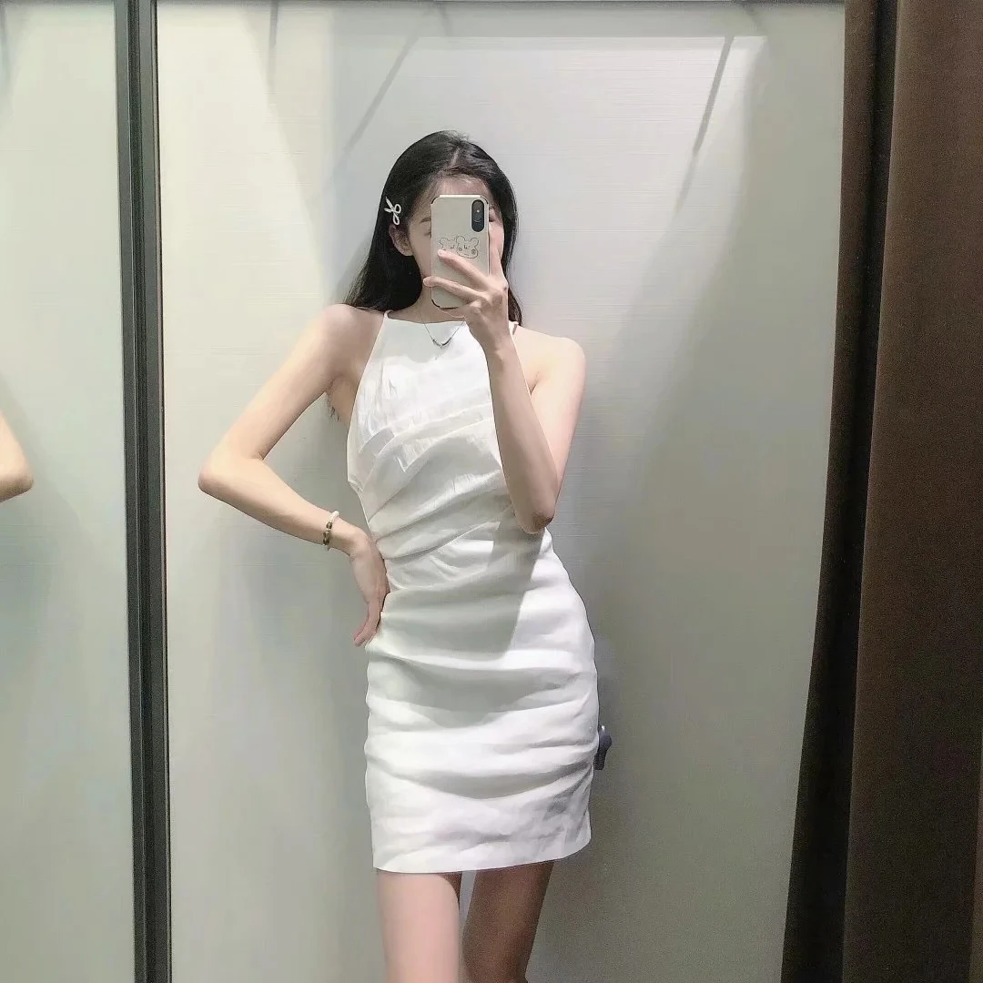 

Solid Sexy Bandage Backless Dress Evening Party Linen Spaghetti Straps Folds Zipper White Mini Dress Vestidos Mujer Verano 2021