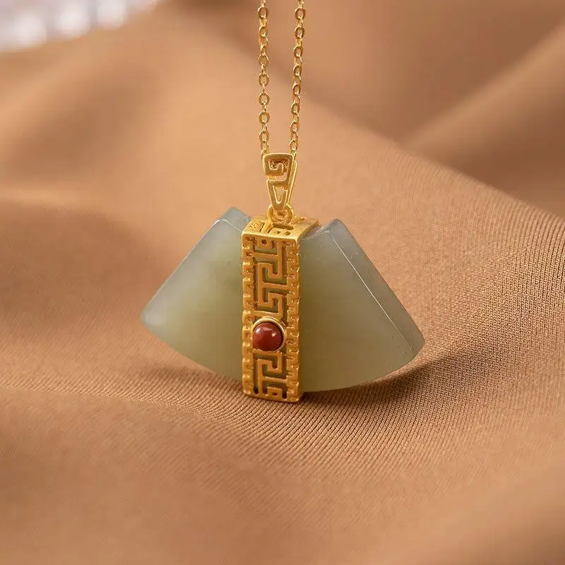 

S925 Sterling Silver Gold Plated High-Grade Natural Hetian Jade Gray Jade Personality Fan-Shaped Ladies with Chain Ornament