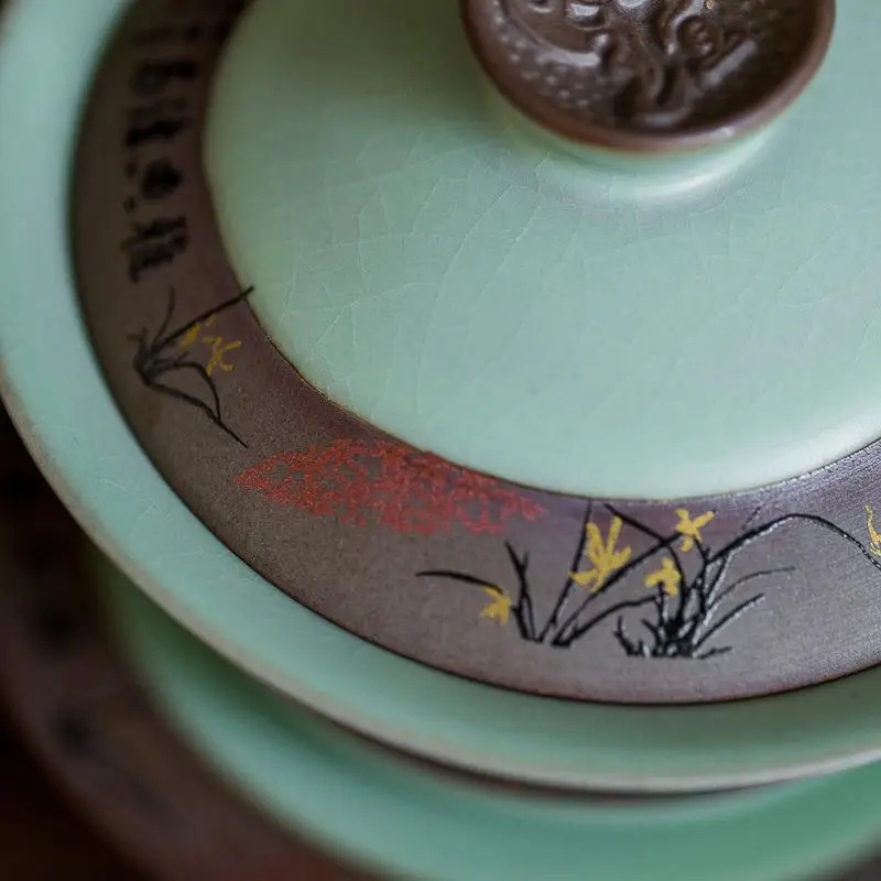 Фарфоровая чайная чаша Gaiwan с блюдцем комплект крышек ручная роспись зеленая