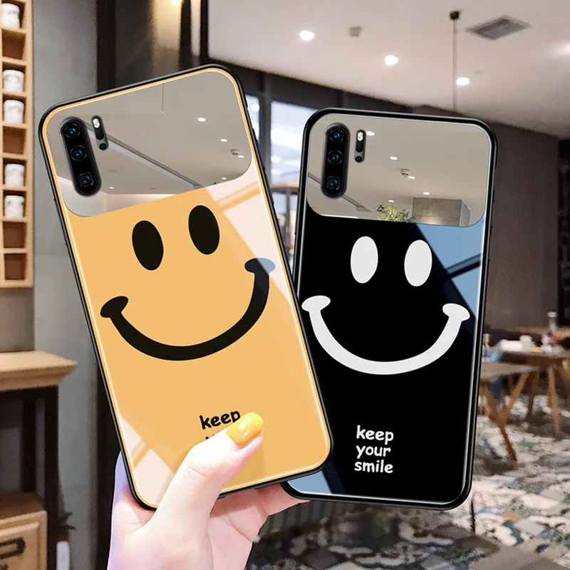 Стеклянный чехол со смайликом для Huawei P30 P40 pro зеркальный ремешок макияжа mate 20 30 nova