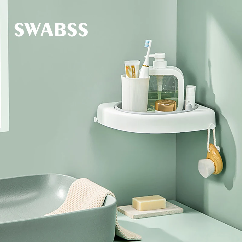 

Punch-Free Storage Shelf 360 Degree Rotating Waterproof Organizer Rack for Corner Plastic Storage Rack Bathroom Shelf with Hook