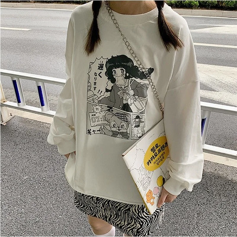 

HOUZHOU Long Sleeve T Shirt Women Harajuku Vintage Anime Girl Print Loose White T-shirts Autumn Japanese Streetwear Casual Top