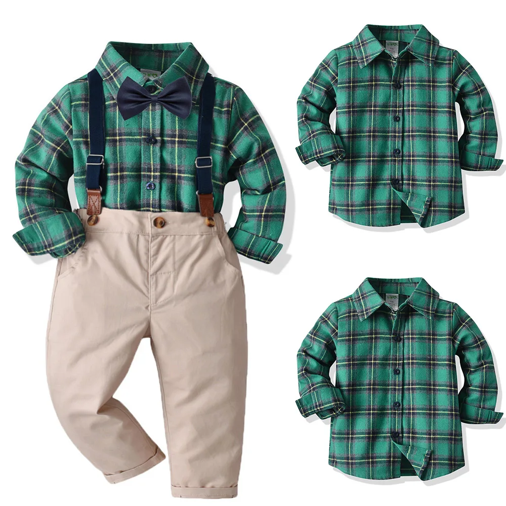 

Baby Boys Casual Clothes Sets Spring/Autumn Check Tops Baby Button Long Sleeve Knit Formal Cotton Turn-down Collar Stripe Pants