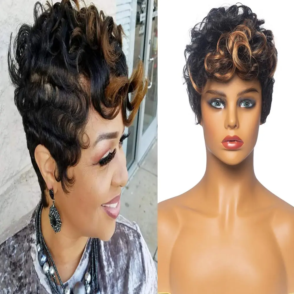 

New Fashion Short synthetic Curly Hair Multicolor Wigs for Black Women Soft Short Wavy African Wigs Pixie Cut Hair Party Wigs