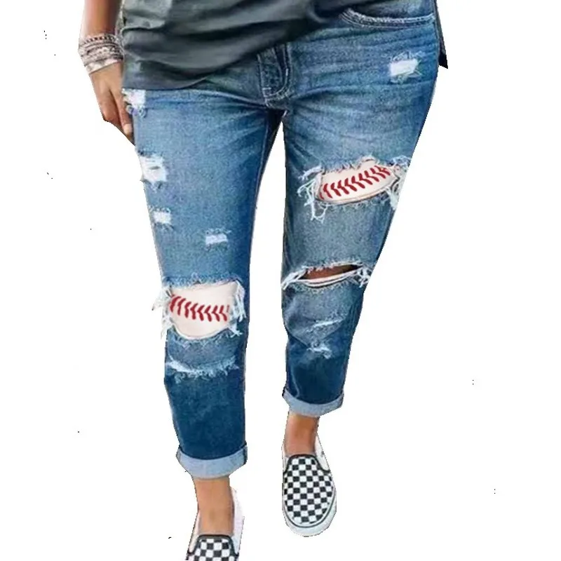 

2012 European and American Women's Jeans with Ripped Holes Printed Thin Women's Jeans Ripped Jeans for Women Jeans