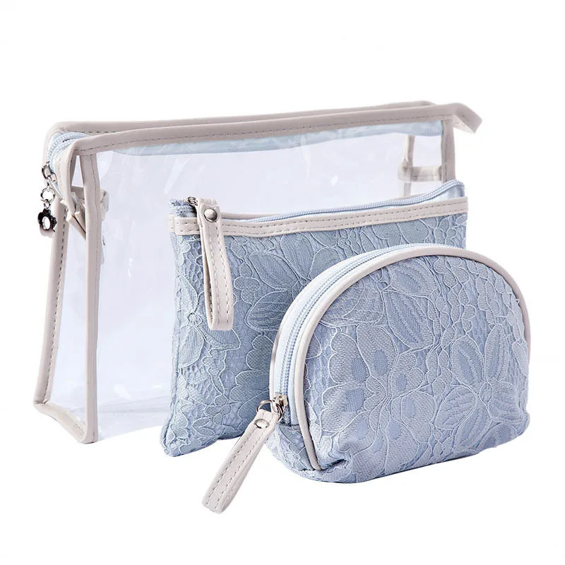 

3-piece Lace Cosmetic Bag Portable Waterproof PVC Ladies Temperament Clutch Lovely Casual Travel Beauty Toiletry Zipper Bag