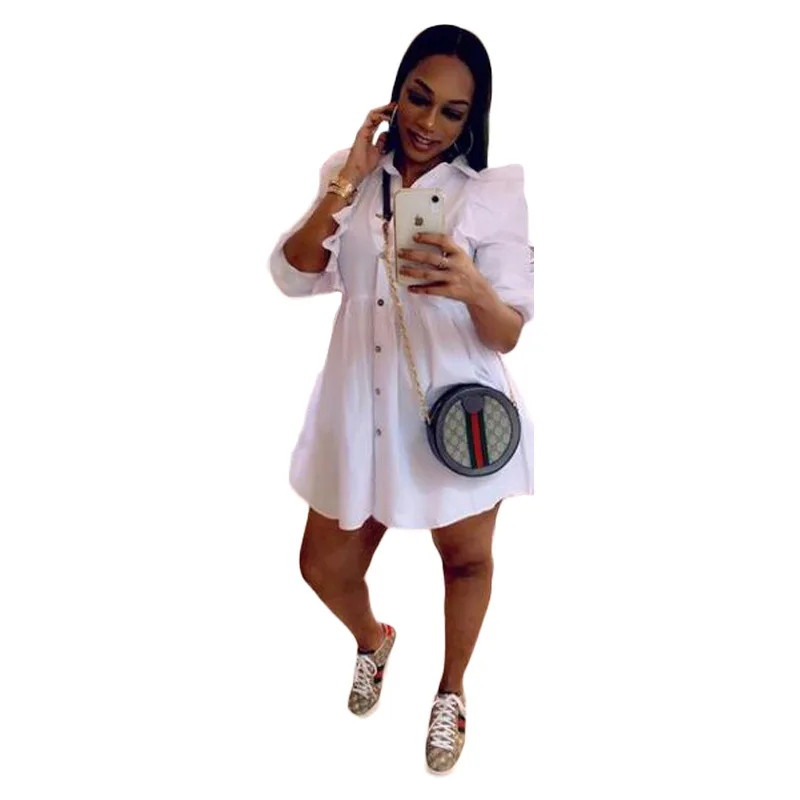 

Coffeehot spring and fall Best selling casual dress mini dress women Ruffle Sleeve Shirt Collar Solid Color long sleeve dress