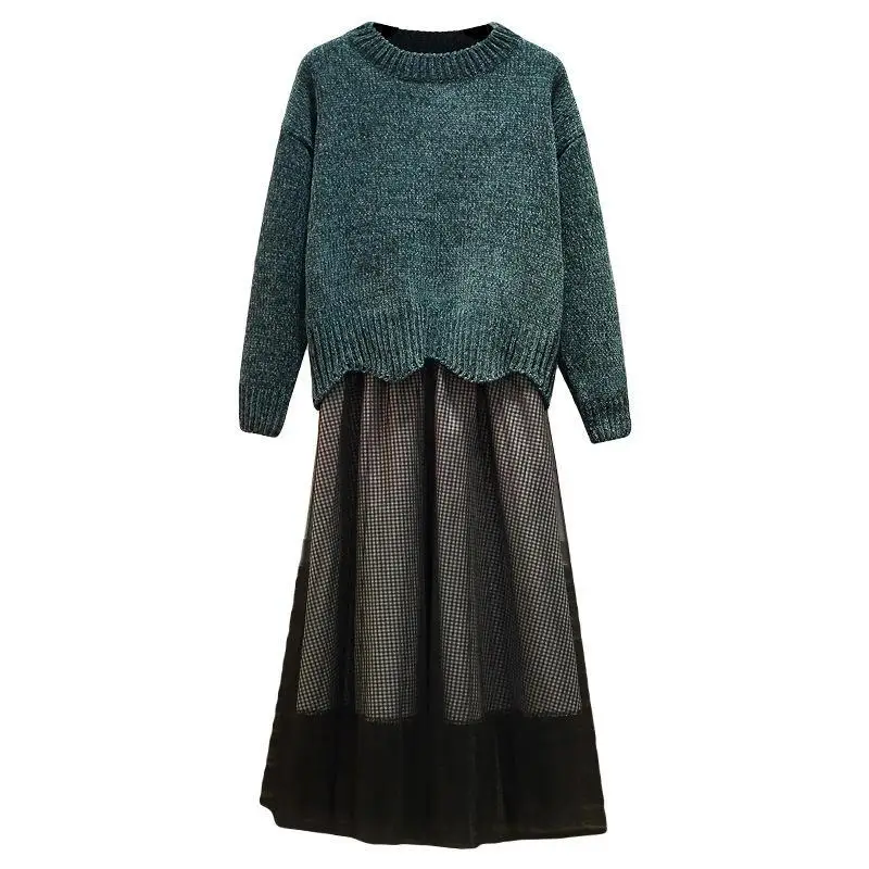 

Plus size Women 2 Piece Set L-4XL elegant ladies mesh Skirt Set Autumn winter Women Sweater 2 Piece Outfits Korean A-line skirt