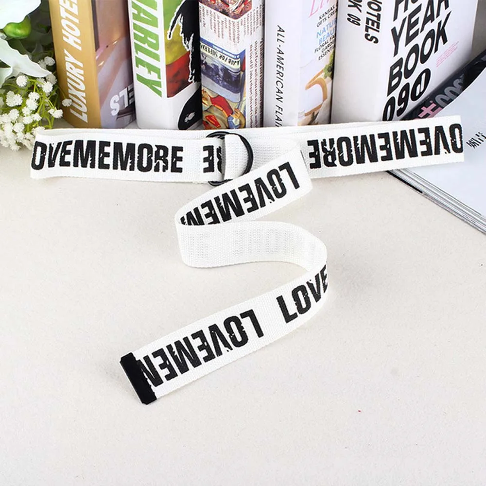 

Fashion Unisex Canvas Belts Letters Printed D Ring Double Buckle Punk Waist Strap Women Men Teenager Long Wide Belt