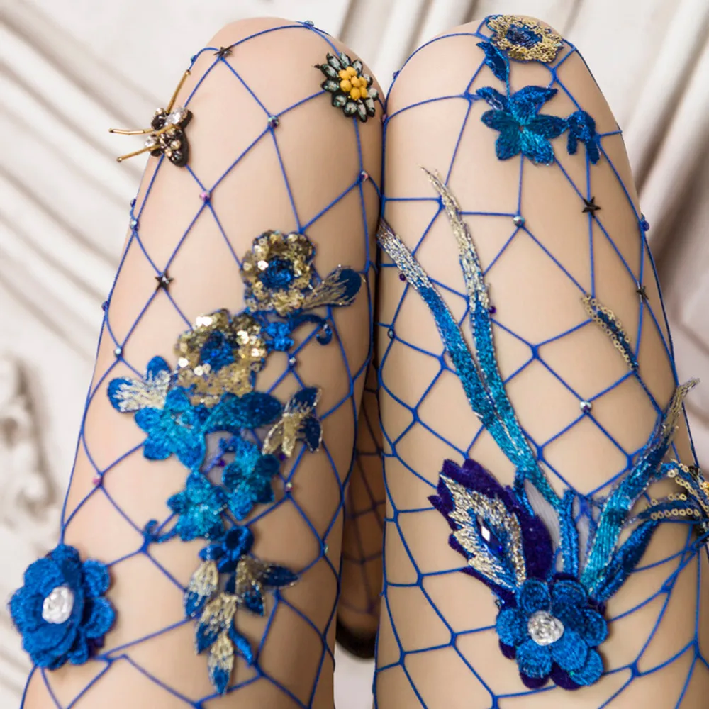 

Tights Women Sexy Embroidery Flowers Fishnets Stockings High-Elastic Pantyhose Hollow out Female Hosiery 5*