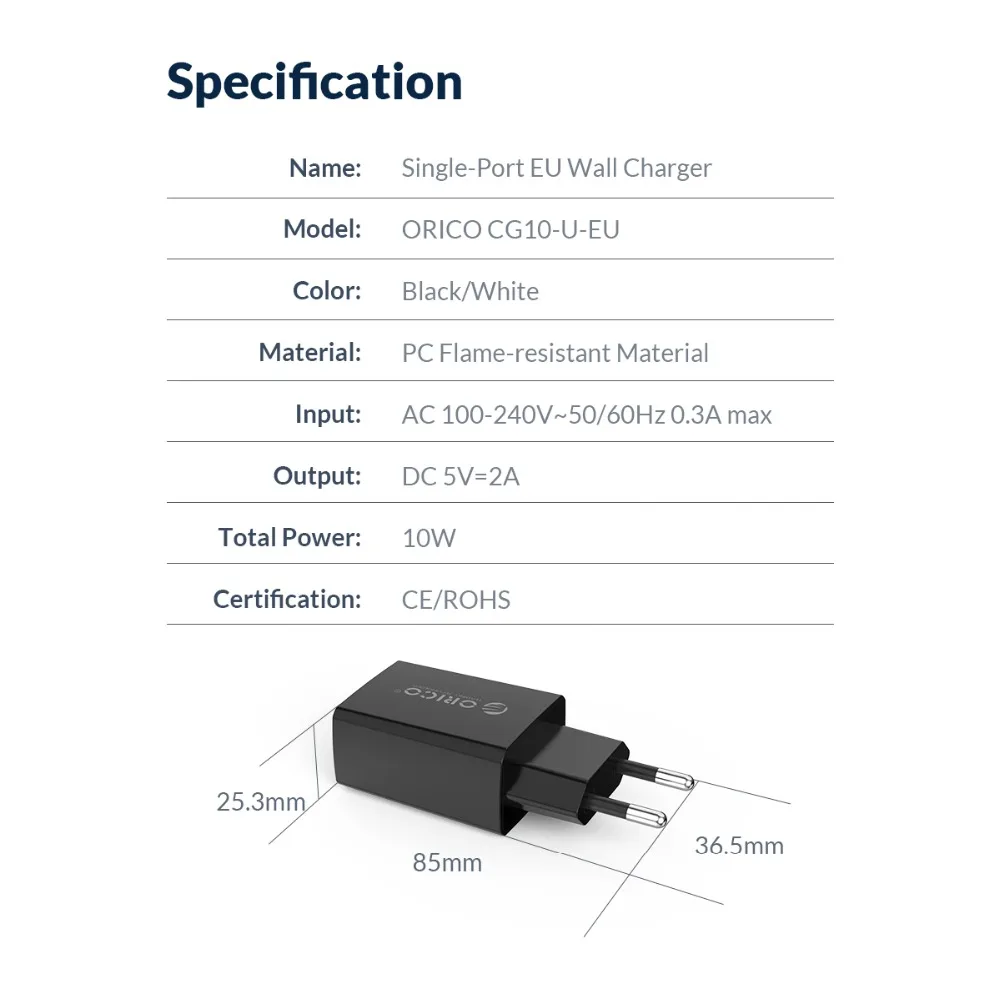 ORICO 5V1A 5V2A USB дорожное зарядное устройство, зарядное устройство для мобильного телефона, настенный адаптер с европейской вилкой для iPhone, samsung, Xiaomi, huawei