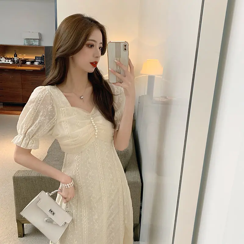 

2021 New Summer Women Dresses Casual Chiffon Short Sleeve Beading Pretty Dress Fashion Slim Waist Elegant Office Lady Dress