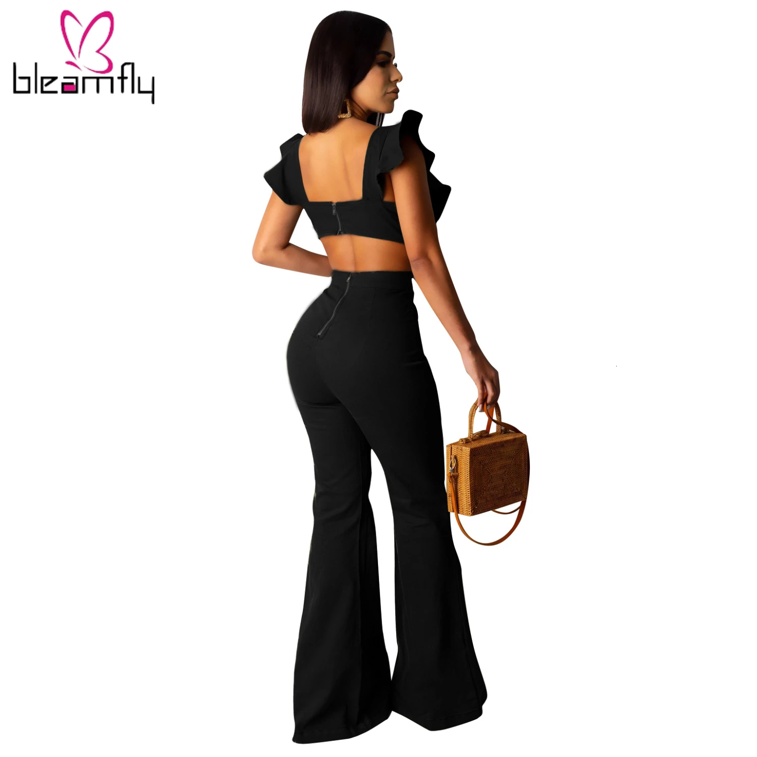 2019 Женский Летний комбинезон без рукавов с оборками широкими штанинами открытой