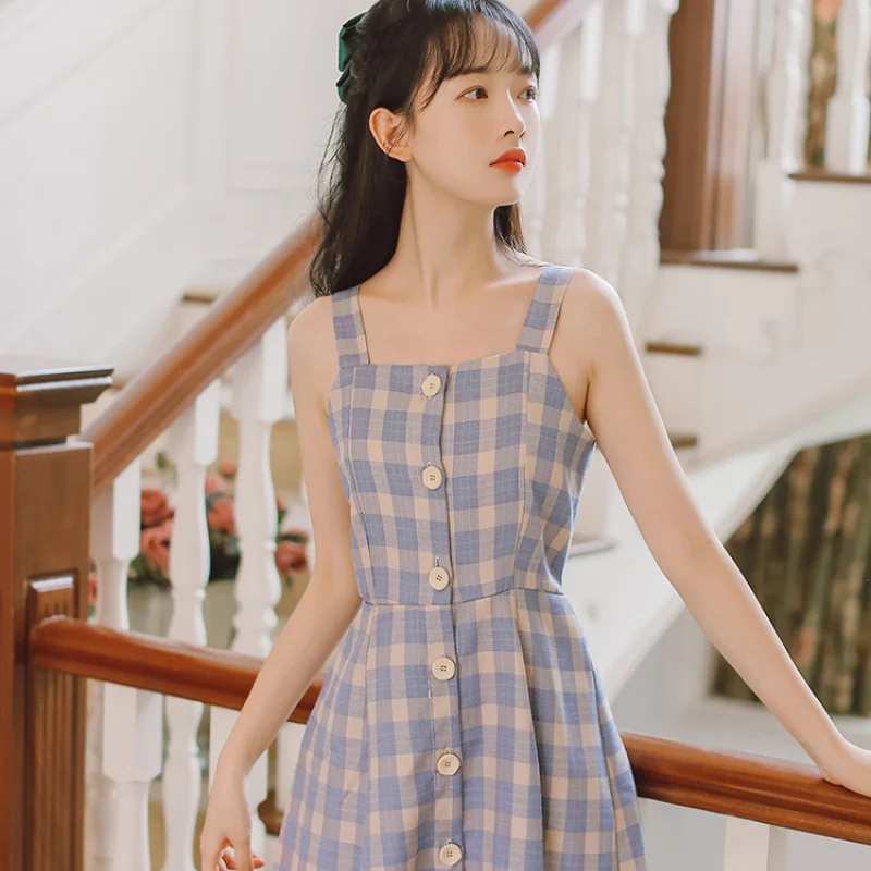 

French First Love Girl Niche Suspender Dress Female Summer New Plaid Sweet A-line Middle-skirt High Waist Square Neck Blue