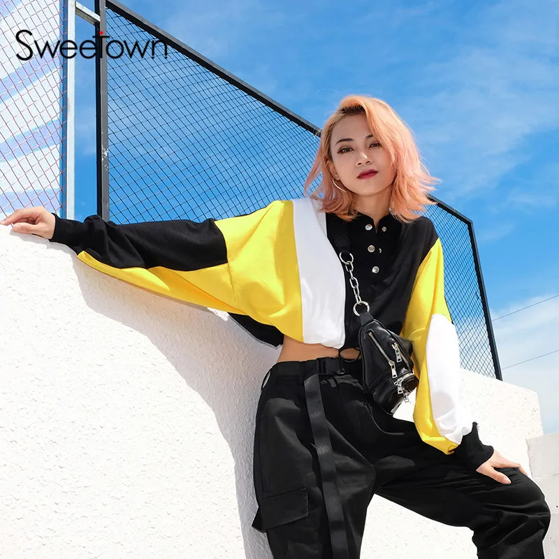 Sweetown с длинным рукавом Свободные кроп в Корейском стиле женские худи и свитшоты
