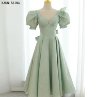 kaunissina elegant cocktail dresses v neck puff sleeve tea length party gowns women fashion a line formal homecoming dress