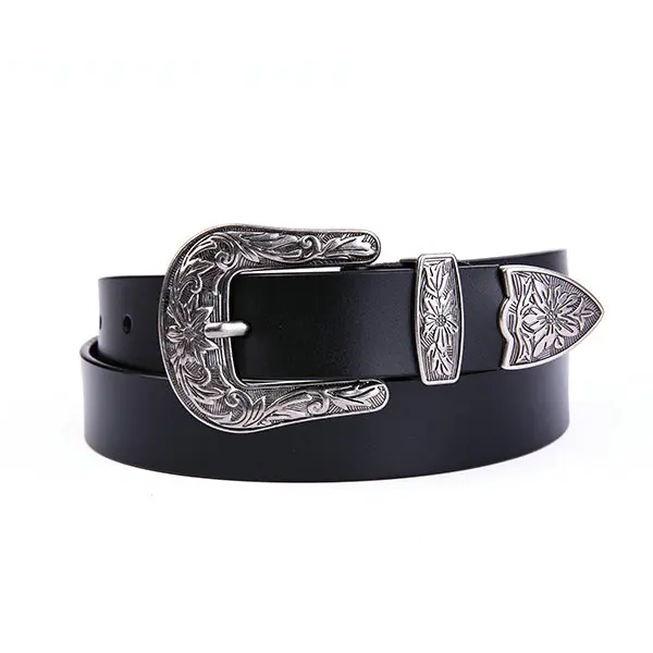 

Retro Pin Buckle Belt Korean Style Ladies Two-layer Cowhide Fashion Decorative Carved Leather Belt