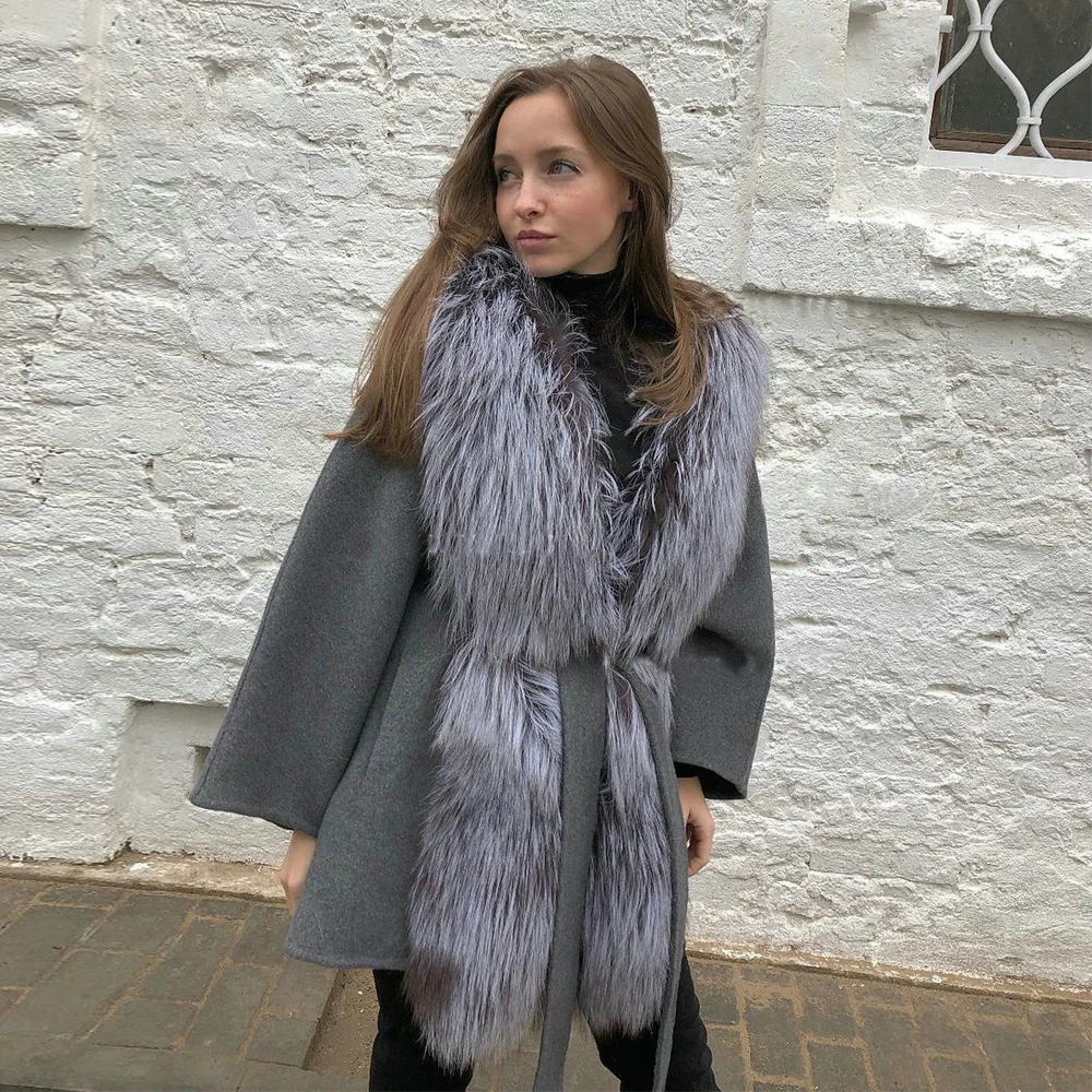 Dark Grey Natural Long Silver Fox Fur Collar Cashmere Coat Women Winter Fashion Genuine Fox Fur Wool Blends Coats Batwing Sleeve enlarge