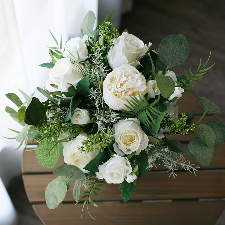JaneVini винтажный белый зеленый Свадебный Шелковый букет Bloemen broiloft Aftificial Свадебные цветы Бохо букет цветов невесты