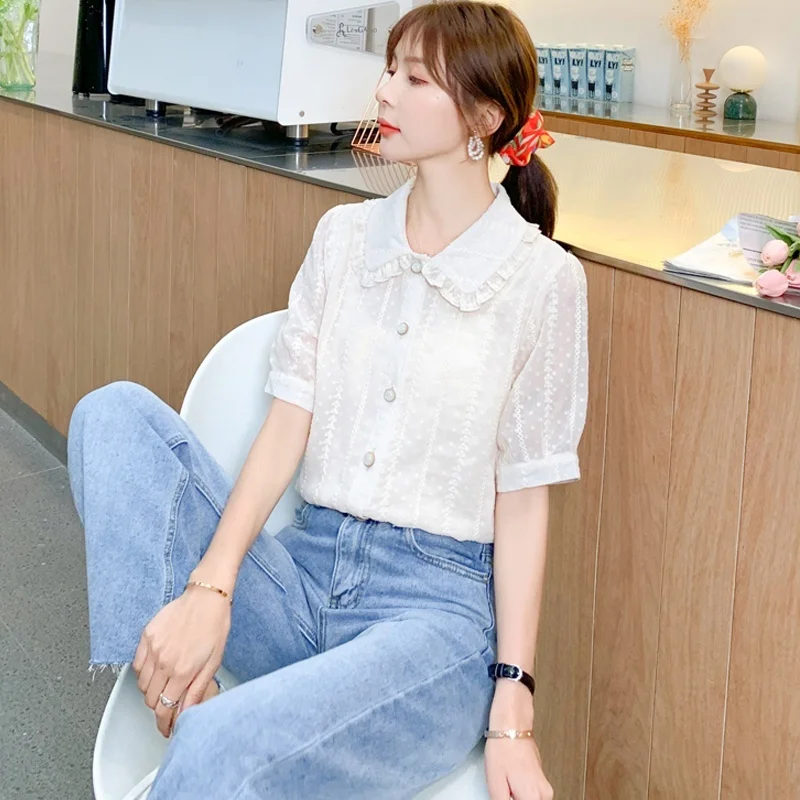 Womens Tops and Blouses Chiffon Shirt Female Fashion Doll Collar Top Short Sleeve Shirt Plus Size Women Shirts